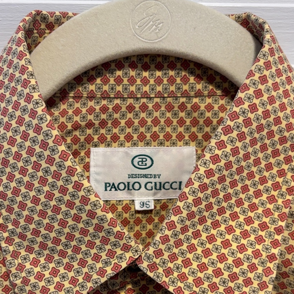 Paolo Gucci Men's Casual Button-Down Shirt in Yellow & Red Microprint Medium